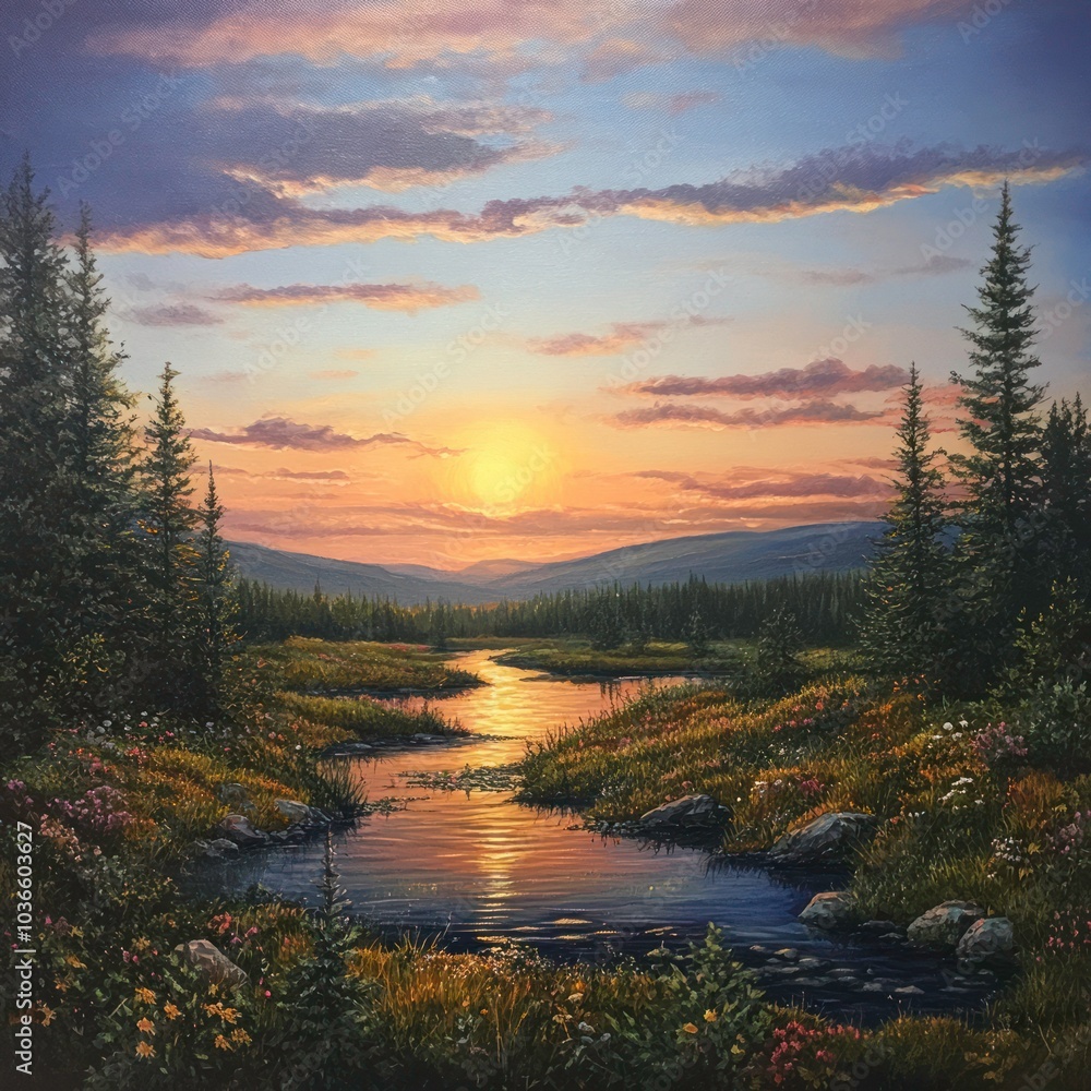 . Sunset over serene landscape . Sunset over serene landscape