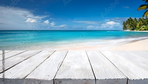 rustic wooden table deck on tranquil blue ocean scene or clean sea beach. product placement on tabletop plank on peace  relaxation   tropical vibes