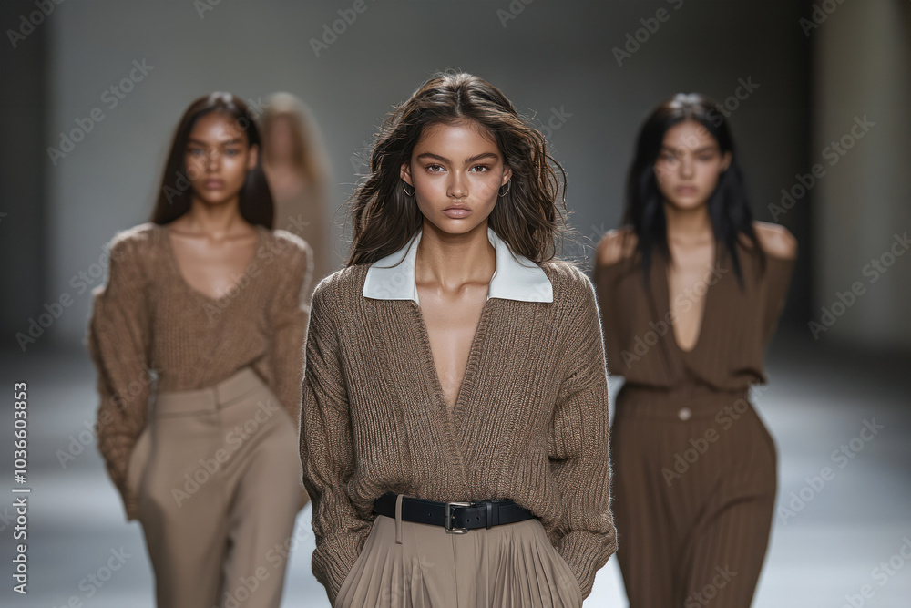 Trio of models in earthy tones on fashion runway.