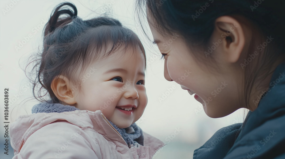 冬の屋外で日本人の幼児と母親が笑顔で見つめ合っている