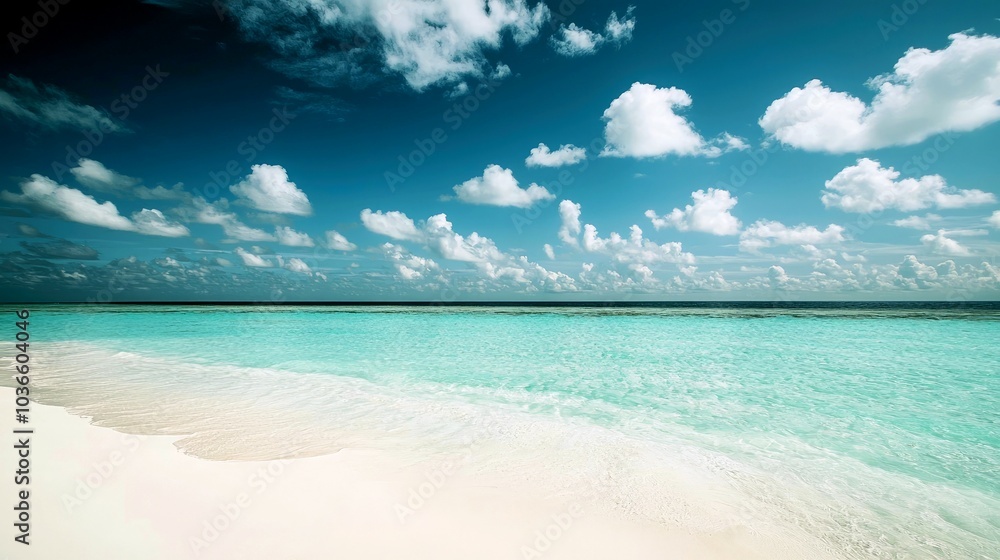 Obraz premium Pristine white sand beach meets turquoise ocean water under a clear blue sky with puffy white clouds.