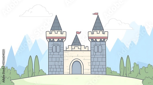 A minimalist cartoon castle with simple towers and turrets, drawn in clean outlines for kids' coloring page photo