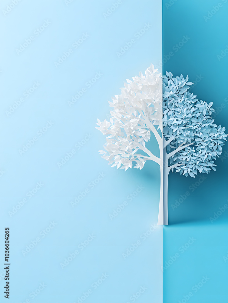 Obraz premium Minimalist White Paper Tree on Monochromatic Blue Background, Abstract Nature Concept in Modern Design