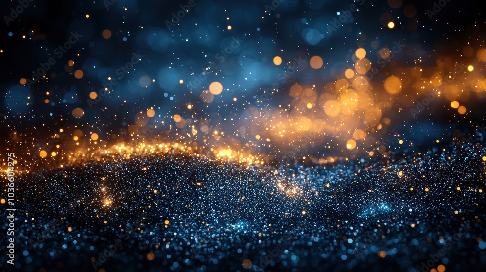 Naklejka premium A mesmerizing swirl of shimmering blue and gold particles illuminated in a dark setting, creating a magical effect