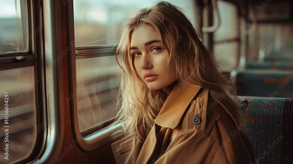 Chic blonde model posing by train window in oversized camel trench coat with alluring gaze Chic blonde model posing by train window in oversized camel trench coat with alluring gaze