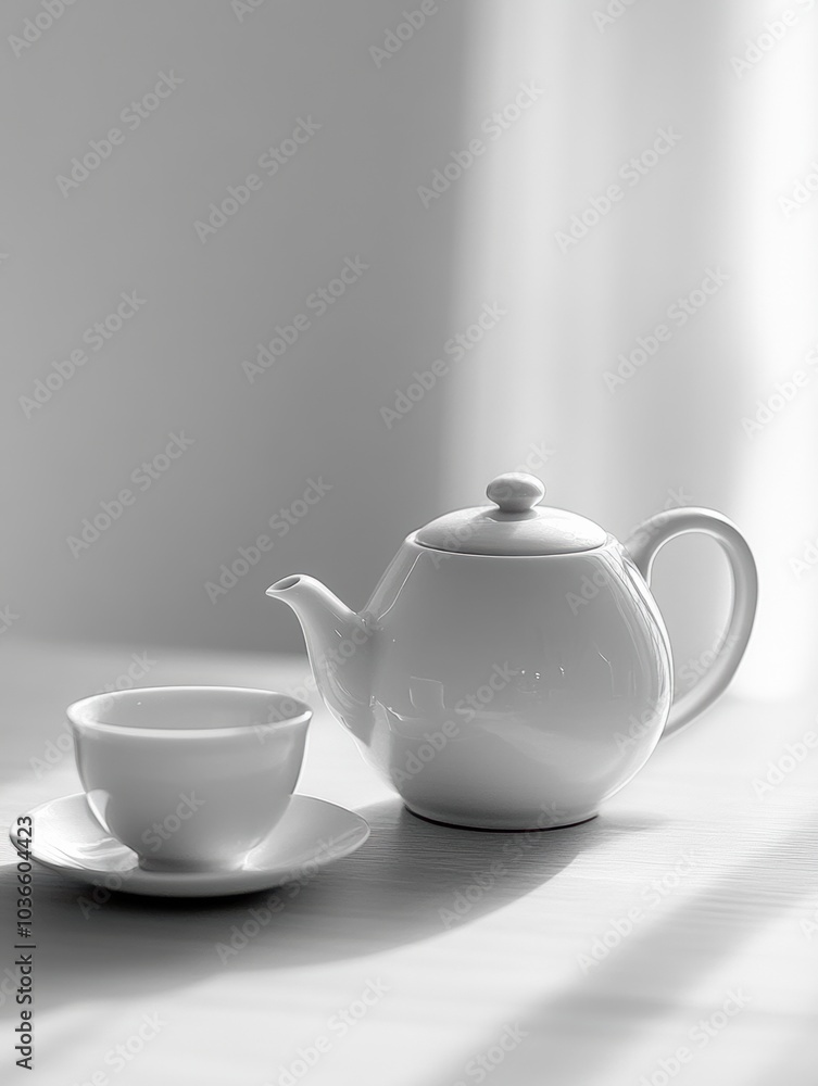 A white tea kettle sits beside a matching cup on a table, bathed in soft natural light, creating a serene and inviting atmosphere. Generative AI A white tea kettle sits beside a matching cup on a table, bathed in soft natural light, creating a serene and inviting atmosphere. Generative AI