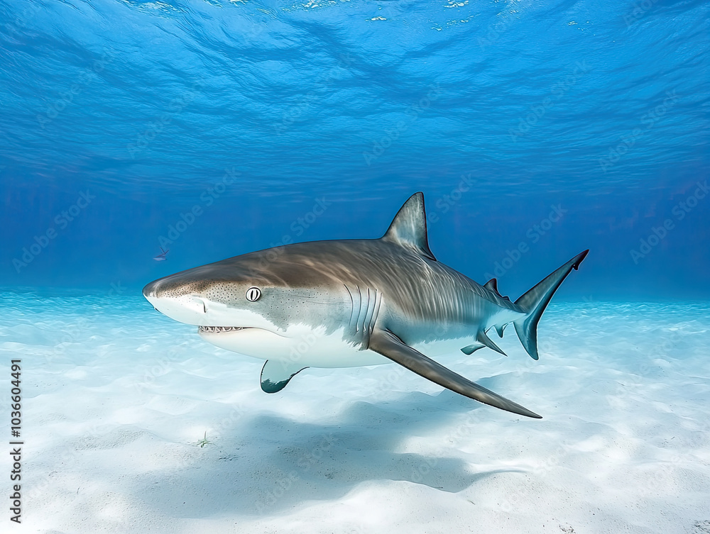 Naklejka premium Graceful Tiger Shark Swimming Eloquently Captured in the Deep Blue