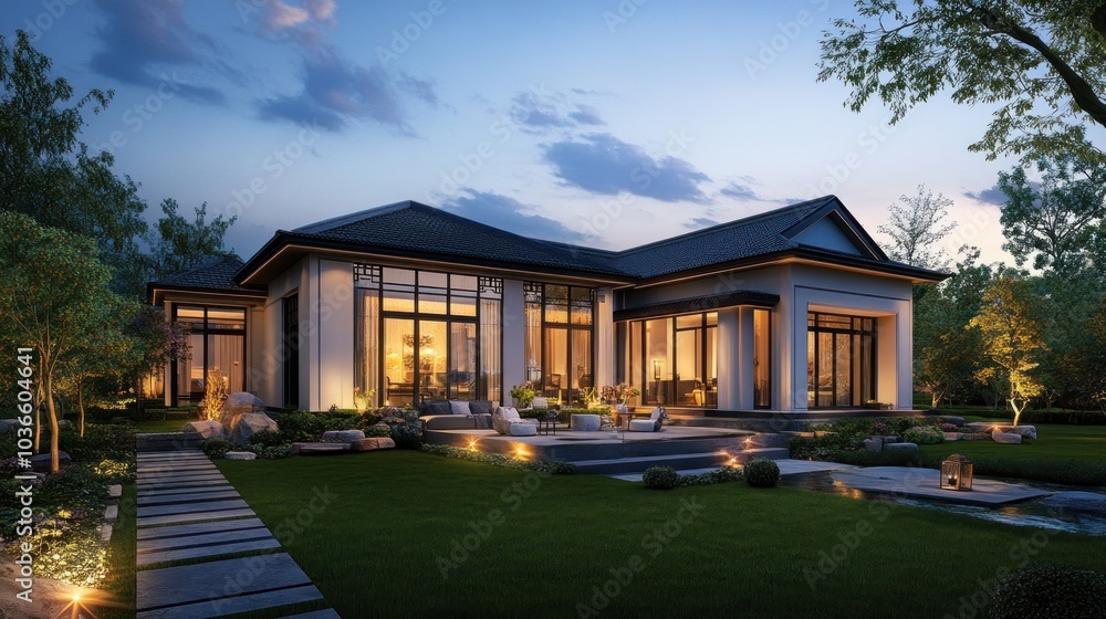 Modern house with a patio and a stream running through the garden. Modern house with a patio and a stream running through the garden.