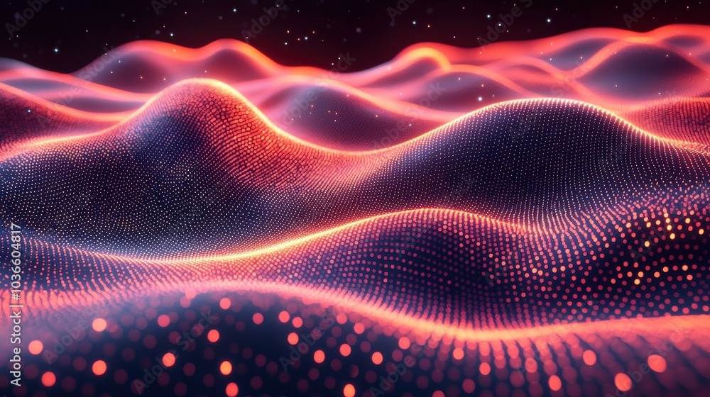 Abstract digital landscape created by flowing waves of colorful particles against a dark backdrop, resembling a futuristic environment Abstract digital landscape created by flowing waves of colorful particles against a dark backdrop, resembling a futuristic environment