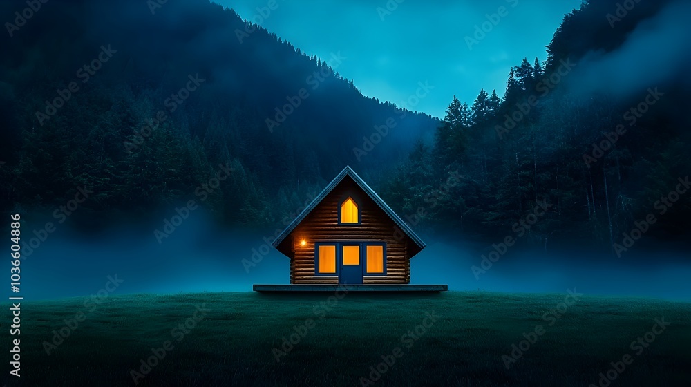 Fototapeta premium Enigmatic Mountain Cabin Illuminated in Misty Nightscape