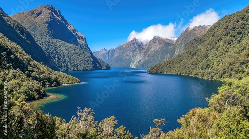 Scenic view of a calm lake surrounded by mountains with a blue sky and white clouds.