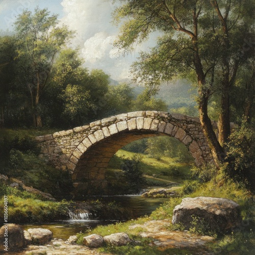 Landscape with ancient stone bridge