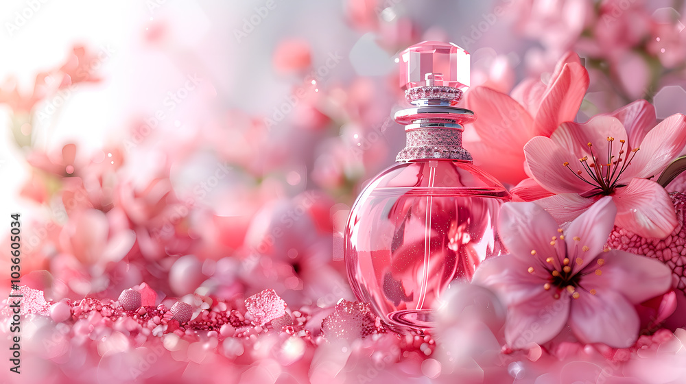 Tender stylish perfume composition, bottles of perfume and flowers, pinkish illustration Tender stylish perfume composition, bottles of perfume and flowers, pinkish illustration
