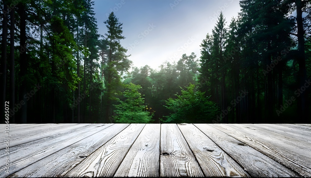 White rustic wooden table deck on serene green forest scene with sunlight filtering on tall trees. product placement in tranquillity, nature & peaceful retreats White rustic wooden table deck on serene green forest scene with sunlight filtering on tall trees. product placement in tranquillity, nature & peaceful retreats