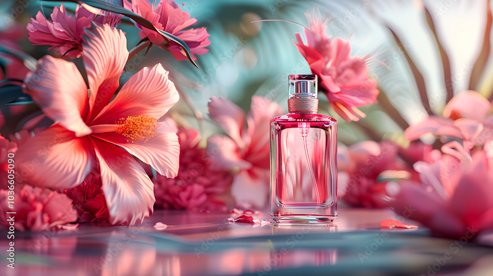 Tender stylish perfume composition, bottles of perfume and flowers, pinkish illustration Tender stylish perfume composition, bottles of perfume and flowers, pinkish illustration