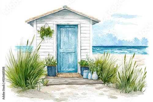 A serene beach house amidst coastal grasses and potted plants, featuring a charming blue door and close proximity to the ocean.