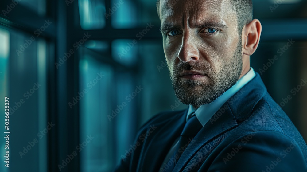 A portrait of a focused businessman with a determined gaze directed at the camera. A portrait of a focused businessman with a determined gaze directed at the camera.