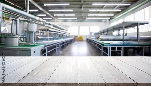 white wooden table deck on spacious industrial warehouse interior & long metal shelving units machine. manufacturing storage or logistics theme photo