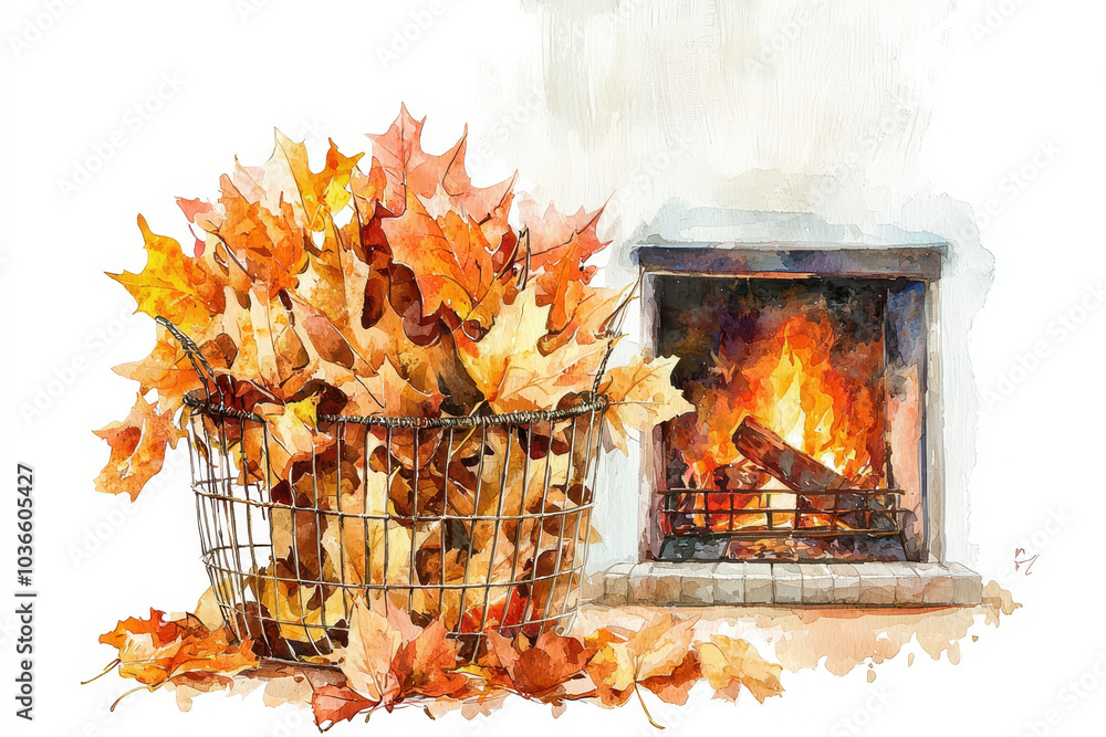 Obraz premium A cozy autumn scene featuring a basket of colorful leaves beside a crackling fireplace, evoking warmth and seasonal beauty.