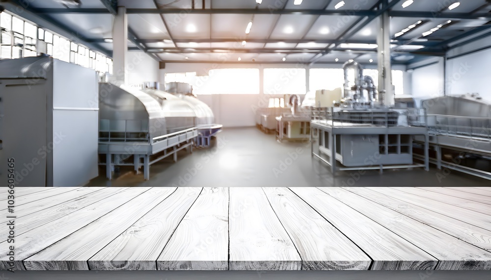 white wooden table deck on spacious industrial warehouse interior & long metal shelving units machine. manufacturing storage or logistics theme white wooden table deck on spacious industrial warehouse interior & long metal shelving units machine. manufacturing storage or logistics theme
