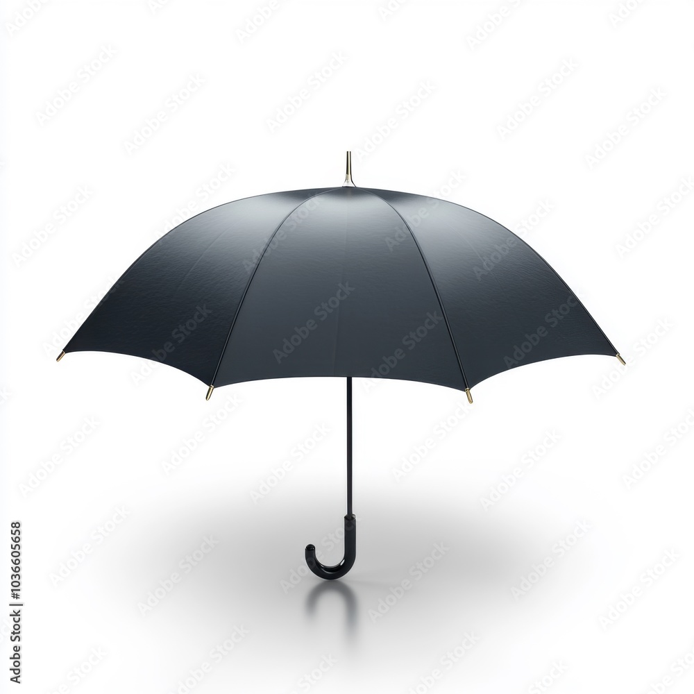 Black umbrella with curved handle on white background for rain protection concept Black umbrella with curved handle on white background for rain protection concept
