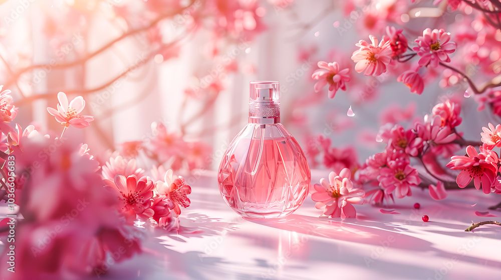 Tender stylish perfume composition, bottles of perfume and flowers, pinkish illustration Tender stylish perfume composition, bottles of perfume and flowers, pinkish illustration
