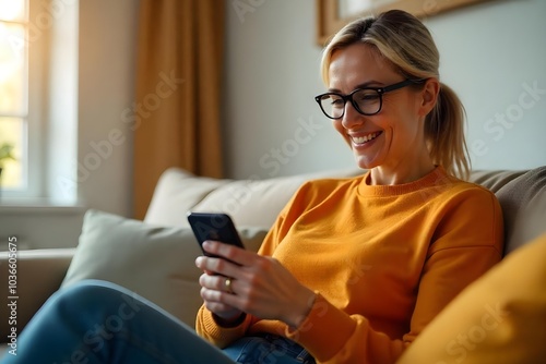 Smiling young woman wearing glasses looking at cell phone doing ecommerce mobile shopping relaxing on sofa in living room. Happy mature young woman using smartphone sitting on couch at home