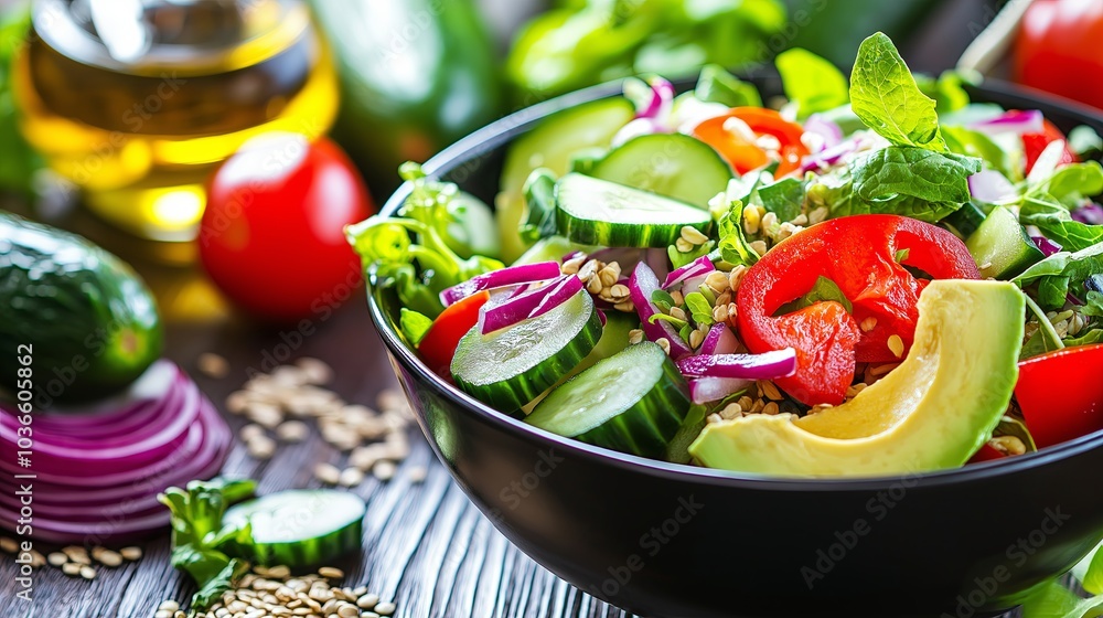 A close-up of a healthy salad bowl with fresh, colorful vegetables and grains A close-up of a healthy salad bowl with fresh, colorful vegetables and grains