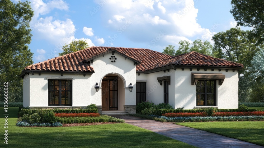 A white stucco house with a red tile roof and a front walkway leading to the entrance. A white stucco house with a red tile roof and a front walkway leading to the entrance.