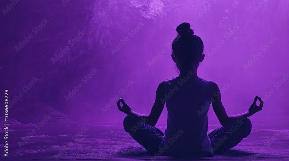 Solitary yoga practice by a young child, purple lit. Solitary yoga practice by a young child, purple lit.