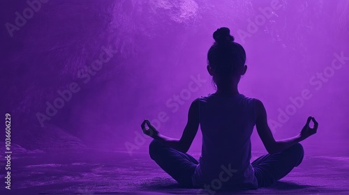 Solitary yoga practice by a young child, purple lit. photo