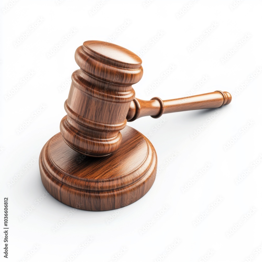 Wooden gavel resting on sound block for legal proceedings or courtroom setting Wooden gavel resting on sound block for legal proceedings or courtroom setting