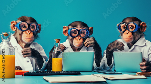 Three monkeys using tablets with lab equipment.