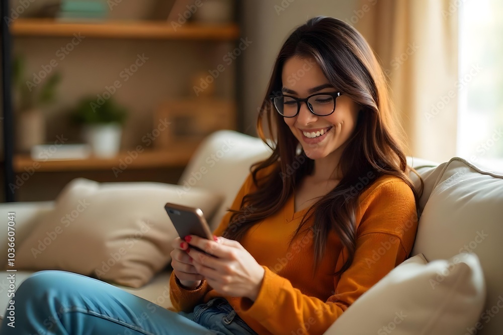 Smiling young woman wearing glasses looking at cell phone doing ecommerce mobile shopping relaxing on sofa in living room. Happy mature young woman using smartphone sitting on couch at home Smiling young woman wearing glasses looking at cell phone doing ecommerce mobile shopping relaxing on sofa in living room. Happy mature young woman using smartphone sitting on couch at home