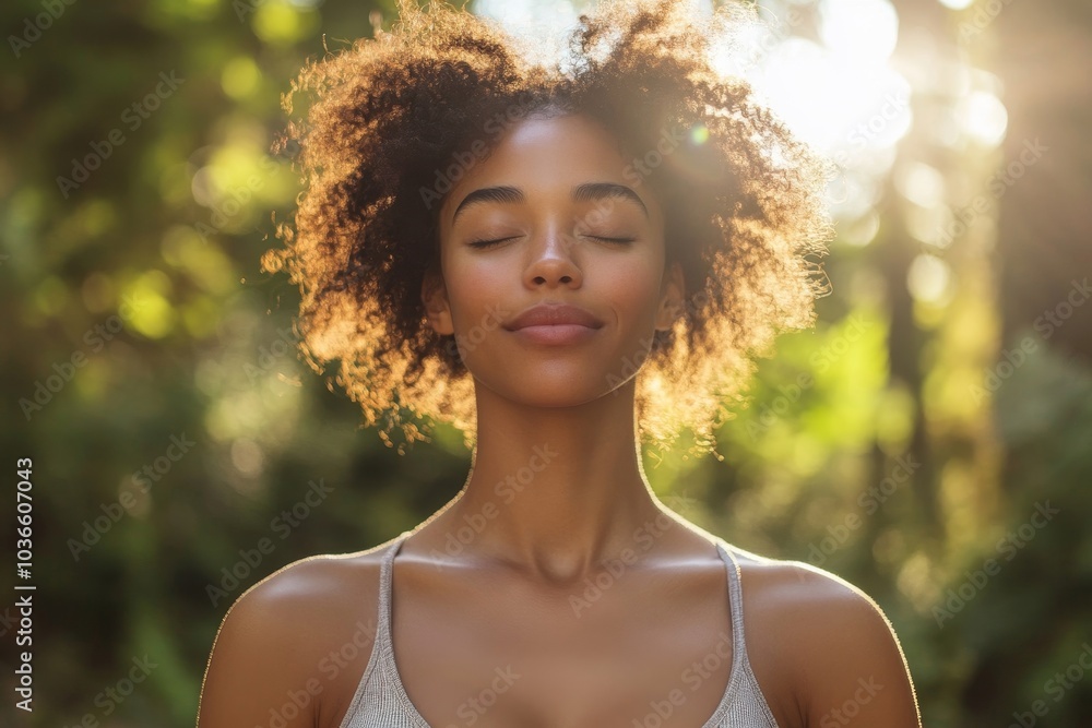 Woman doing a breathing exercise outdoors in the morning, Generative AI Woman doing a breathing exercise outdoors in the morning, Generative AI