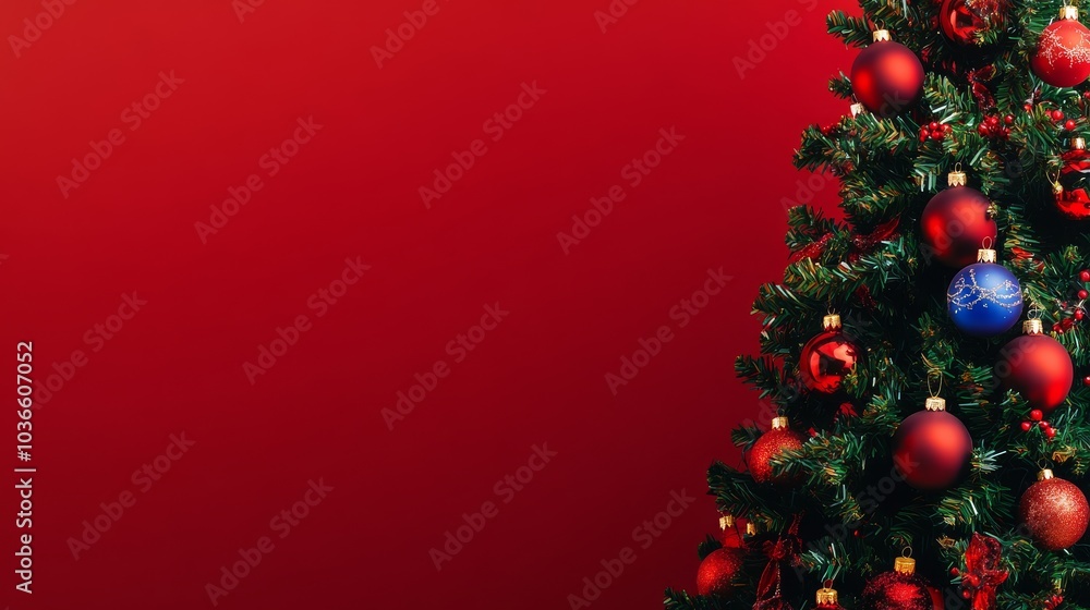 A red background with a Christmas tree in the foreground A red background with a Christmas tree in the foreground