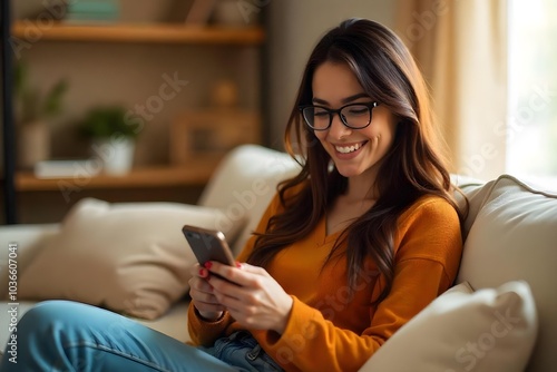 Smiling young woman wearing glasses looking at cell phone doing ecommerce mobile shopping relaxing on sofa in living room. Happy mature young woman using smartphone sitting on couch at home