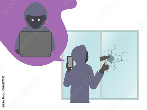 スマホで指令を受けてハンマーで窓を割る泥棒のイラスト
