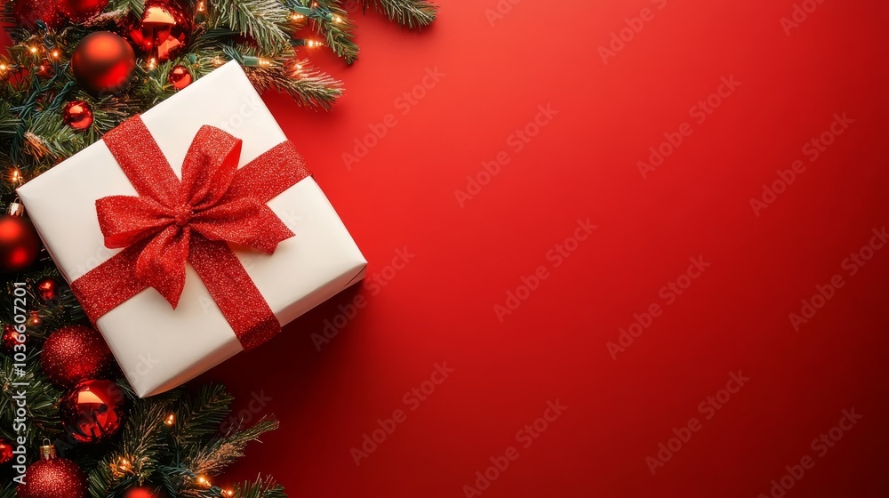 A white box with a red bow sits on a red background