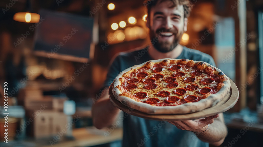 Man joyfully showcases fresh pepperoni pizza on board. Man joyfully showcases fresh pepperoni pizza on board.
