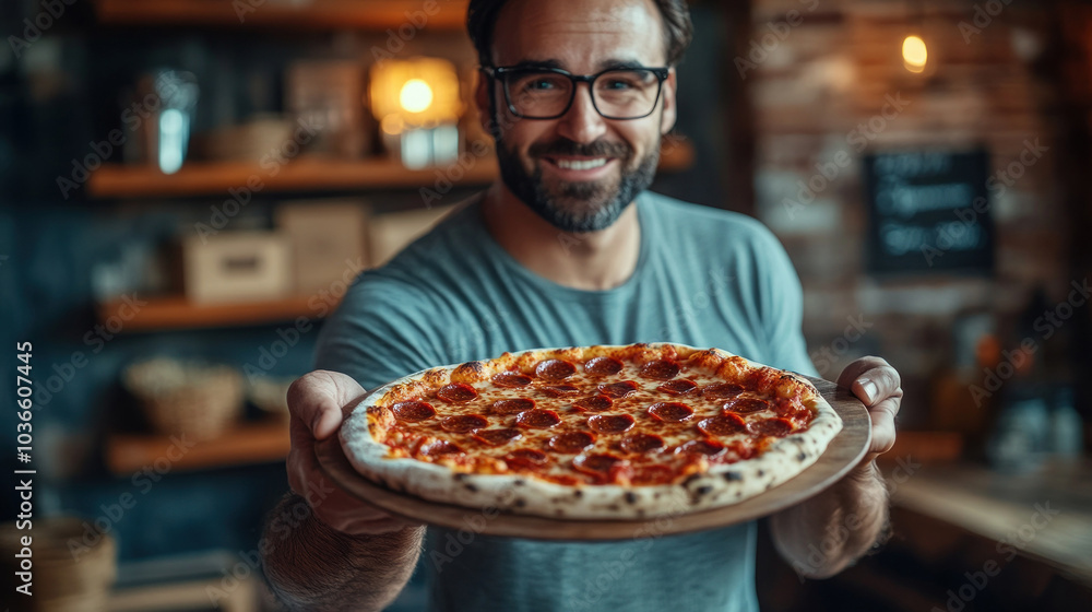 Man with glasses showcasing savory pepperoni pizza Man with glasses showcasing savory pepperoni pizza