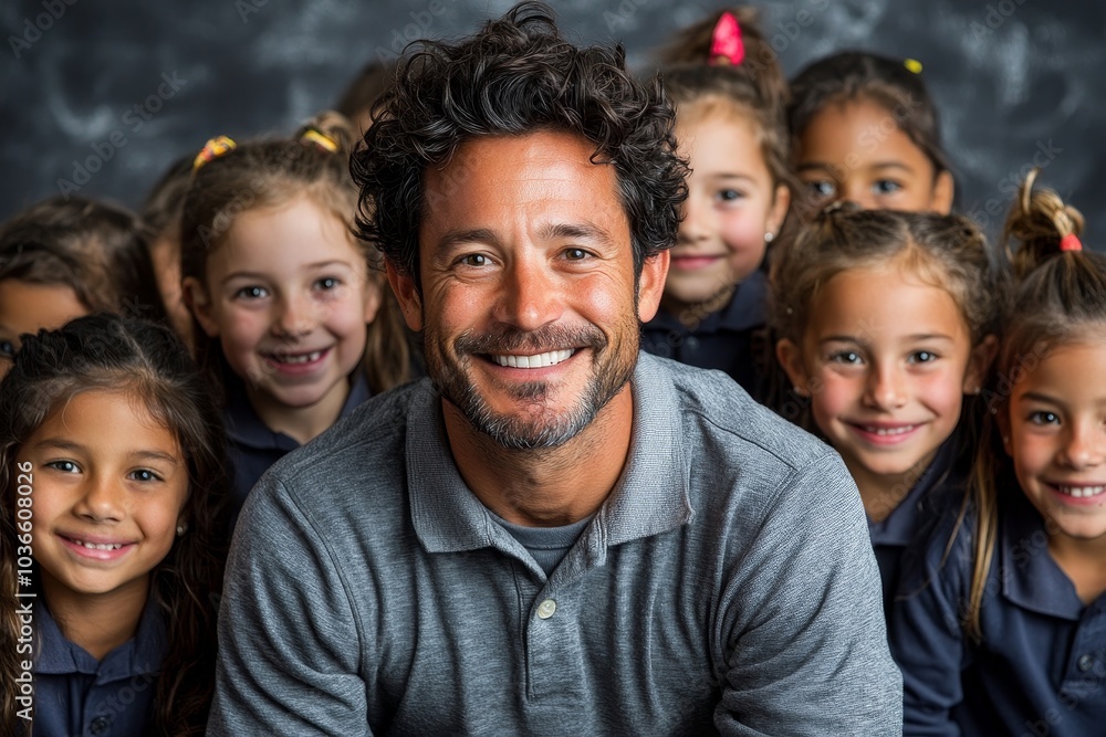 Obraz premium Class photo for this elementary school teacher and his students, Generative AI