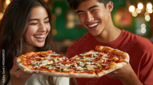 Smiling friends enjoy large pizza together happily.