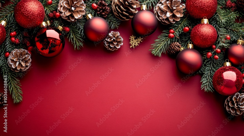 A red background with a bunch of red and gold Christmas ornaments
