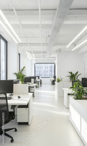 Modern white office with plants and a window.