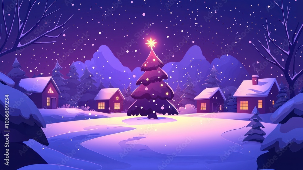 Naklejka premium Festive Winter Village Scene with Christmas Tree and Decorated Homes for Holiday Backgrounds