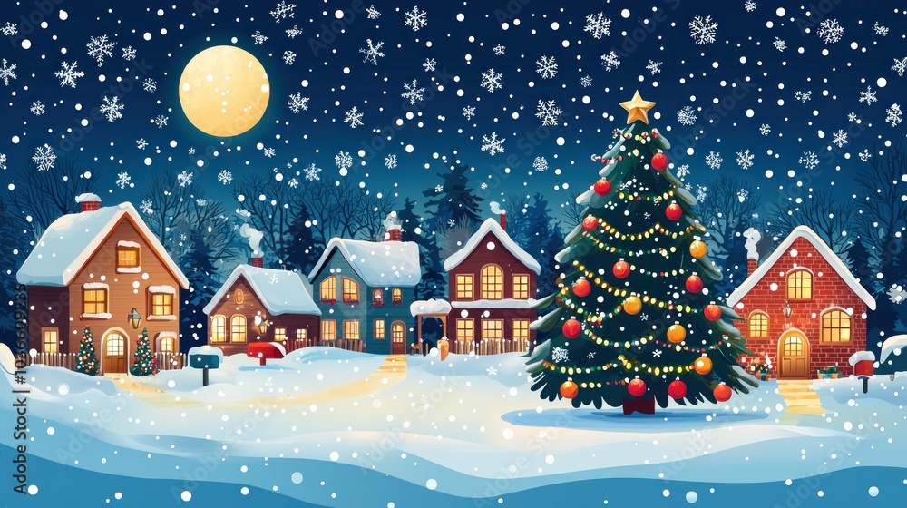 Fototapeta premium Cozy Winter Festival Scene with Christmas Decorations and Snowy Landscape, 2D Flat Vector Illustration with Copy Space