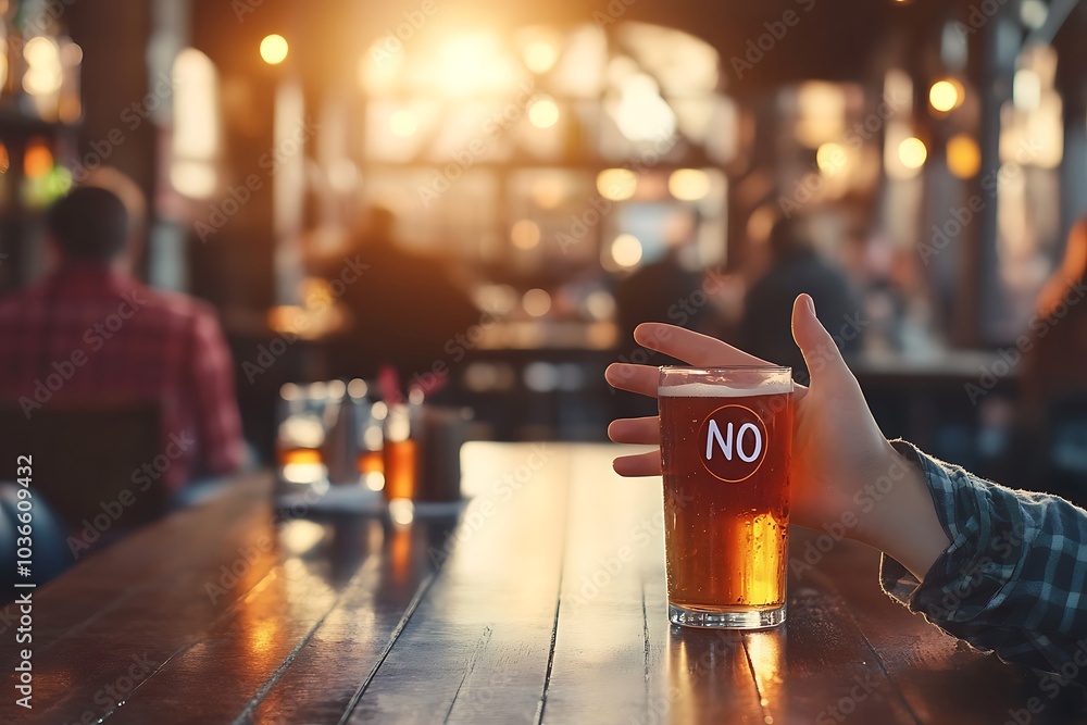 A hand gestures no while pushing away a pint at a social gathering during sunset in a bar A hand gestures no while pushing away a pint at a social gathering during sunset in a bar