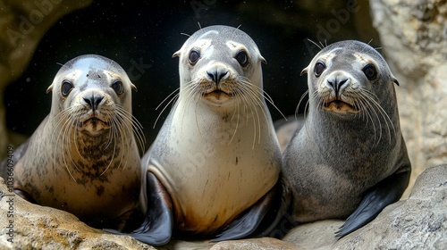 Three sea lions looking at the camera from a cave.