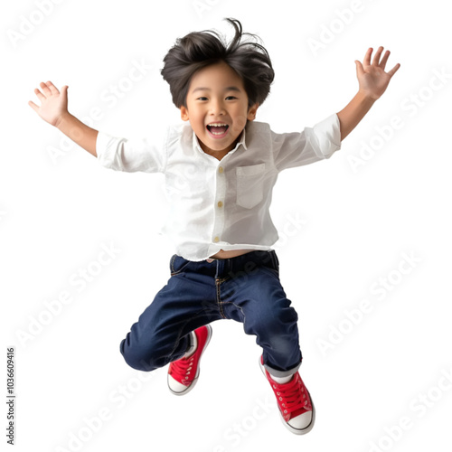 A boy with black hair, white shirt, blue pants and red shoes jumping in a midair isolated on a transparent background